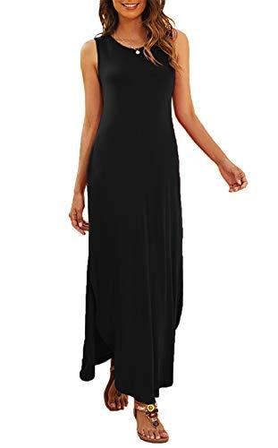 Hount Summer Beach Dresses for Women 2026 Cotton Sleeveless Slit Tank Maxi Dresses with Pockets Black Large