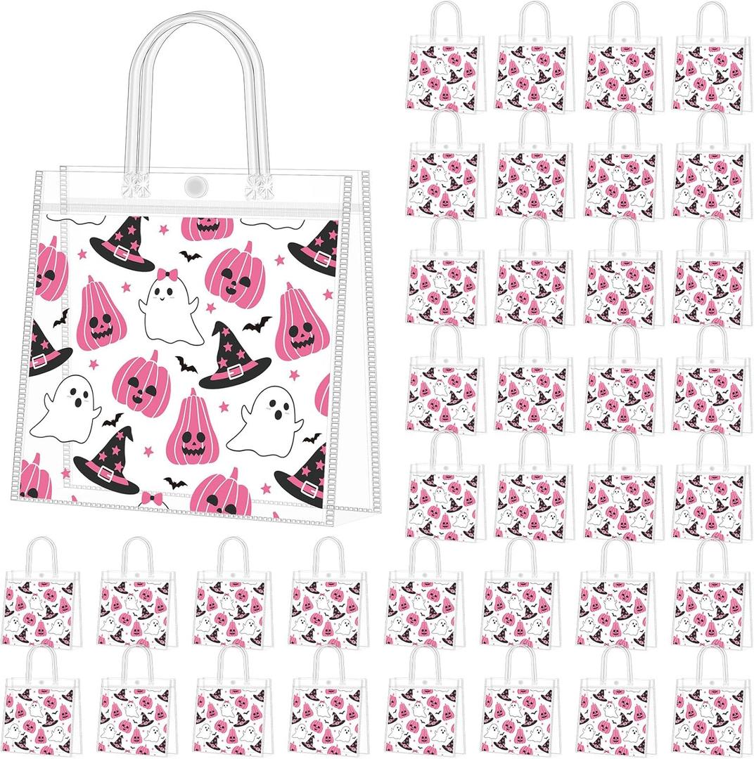Supervitae 36 Pcs Pink Halloween Clear Favor Bags with Handle Reusable Plastic PVC Gift Bag Pumpkin Ghost Witch Goodies Totes for Treat or Trick Birthday Party Supplies, 8 x 8 x 3.15 Inch