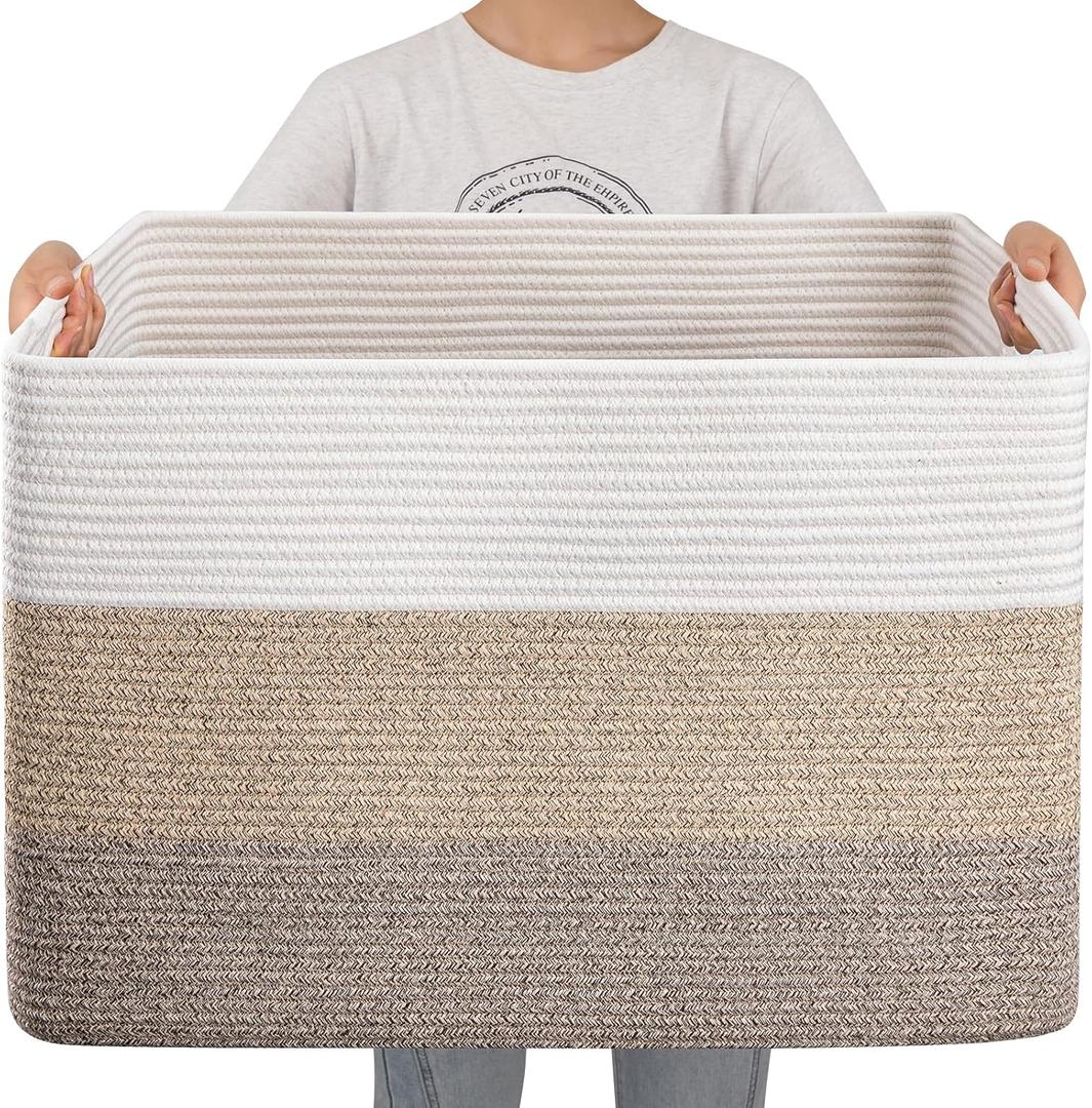 OIAHOMY 108L Super Large Blanket Basket, 25x16x16(108L) Rectangle Woven Baskets for Storage, Cotton Rope Basket For Living Room, Toy Storage with Handle,  Gradient Brown
