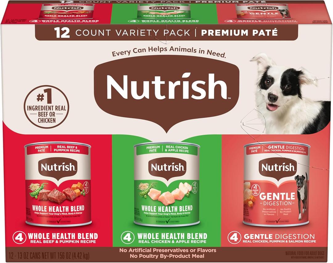 Nutrish Gentle Digestion and Whole Health Blend Premium Paté Variety Pack Wet Dog Food, 13 oz. Can, Pack of 12, Packaging May Vary (Rachael Ray) By MAY 05/2027