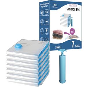 7 Pack Small Space Saver Vacuum Storage Bags for Clothing Travel, Vacuum Seal Compression Bags for Clothes, Packing, Luggage, Blankets, Comforters and Pillows, Hand Pump Included