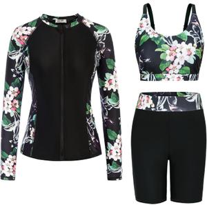 GRACE KARIN Women's 3 Piece Rash Guard Built-in Bra Long Sleeve UV Sun Protection Swimsuit Zip up Swim Top Shirt Modest (Black-1), S