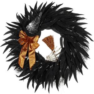 Black Wreaths for Front Door, 26inch Door Wreath, There is a Golden Bow on This Wreath, for Wall, Window, Door, Garden and Offices Decor. (Black)
