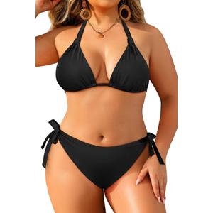 Women Plus Size Bikini Set - Two Piece Triangle Swimsuits Halter String Bathing Suit 2025 Tie Swimwear Black 20 Plus