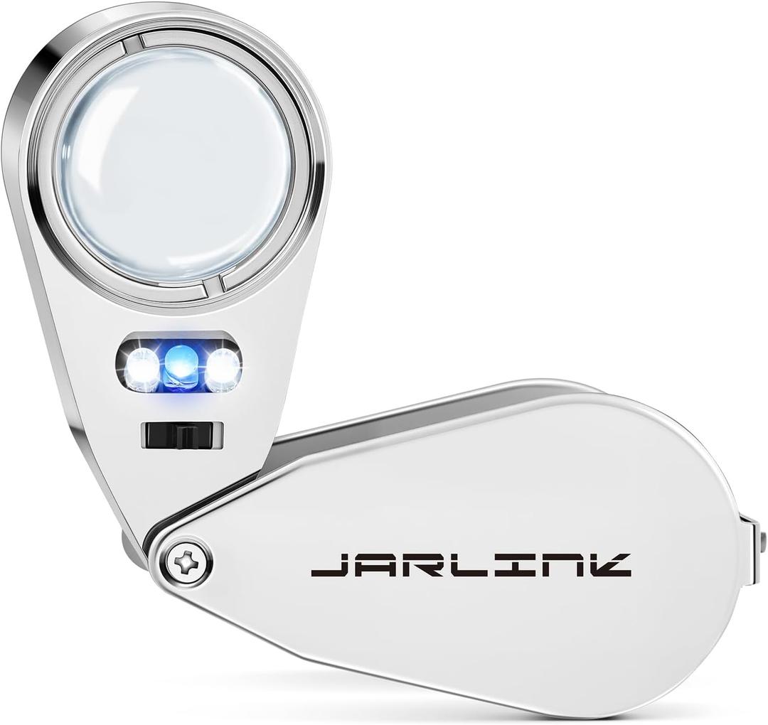 JARLINK 40X Jewelers Loupe Magnifier with Metal Construction, LED/UV Illuminated Magnifying Glass Foldable for Gems, Jewelry, Coins, Stamps (1 Pack)