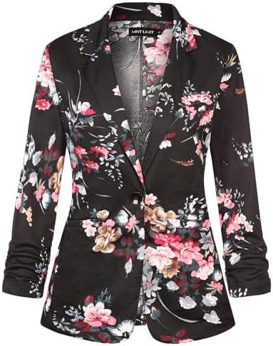MINTLIMIT Women's Casual Blazer 3/4 Ruched Sleeve Open Front Button Work Office Blazer Jackets with Pockets, 2XL