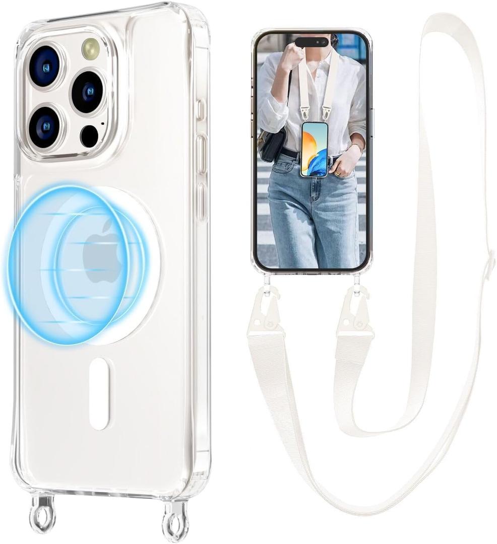 UnnFiko for iPhone 16e Case Compatible with Magsafe Clear, Crossbody Phone Case with Shoulder Strap, Shockproof Protection, Magnetic Phone Case for iPhone 16e (White Lanyard)
