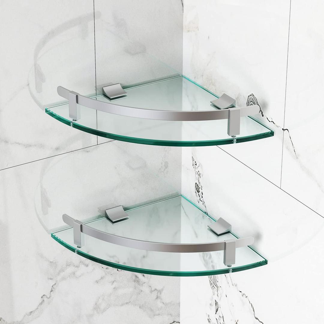 Bathroom Shelves, Glass Shelf Wall Mounted Glass Corner Shower Shelf with Aluminum Rail for Bathroom (2 Packs) (Light Silver)