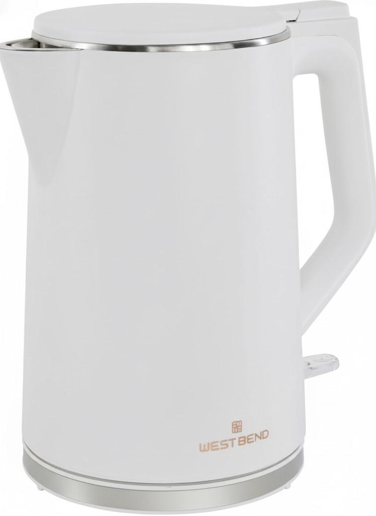 West Bend Timeless Electric Kettle Cordless Serving Features Stainless Steel Interior Boil Dry Protection and Auto Shut Off, 1.5-Liter, White