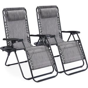 Sweetcrispy Zero Gravity Chairs, Set of 2 Portable Recliner Beach Camping Patio Outdoor Folding Lounge Chair with Cup Holder Trays and Adjustable Pillow for Poolside, Garden, Backyard, Lawn (Grey), 2pcs