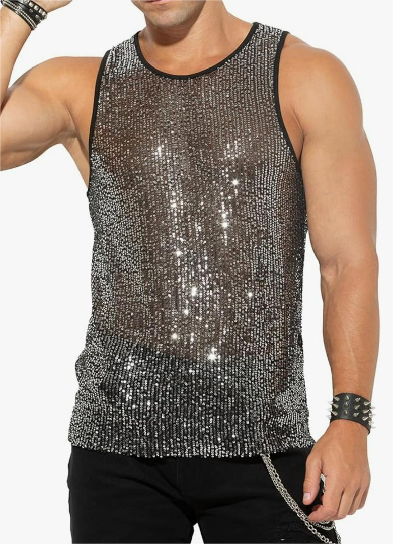 Sparkly Tank Top See-Through Mesh Sequin Disco Vest. Size XL