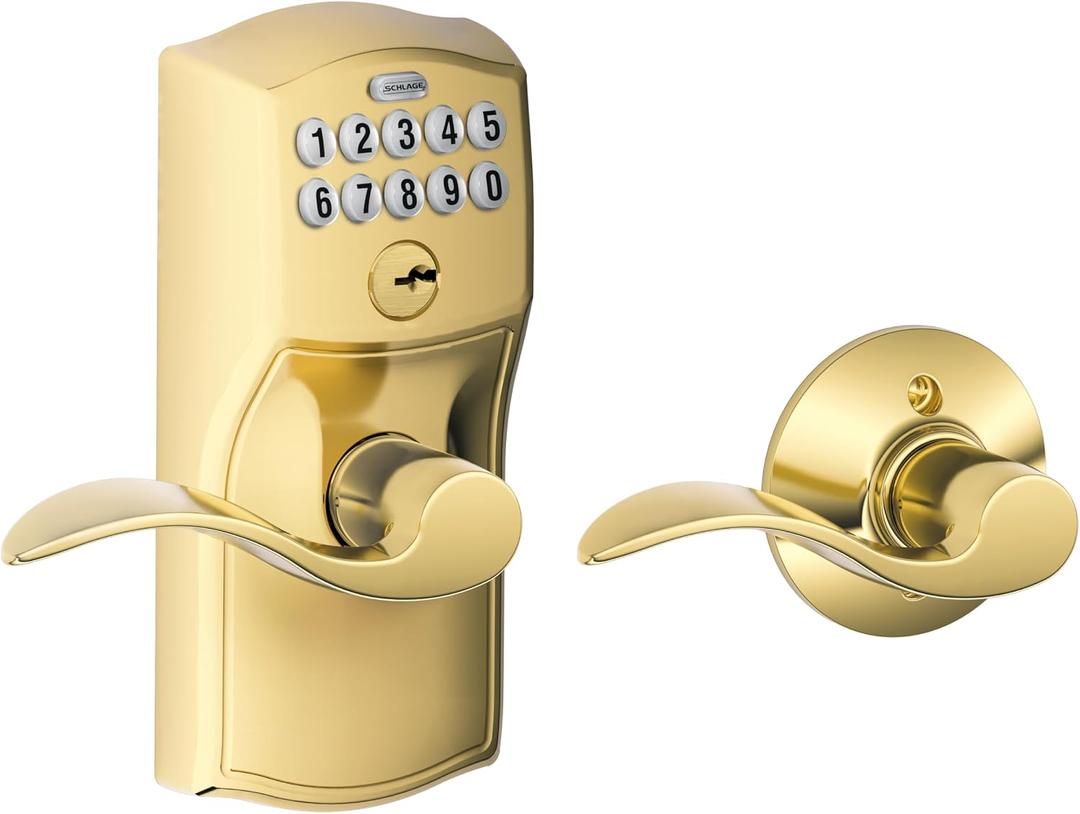 Schlage Camelot Keypad Lock with Lever Handle, Electronic Keyless Door Entry, AutoLock Enabled, Bright Brass, FE575 CAM 505 ACC
