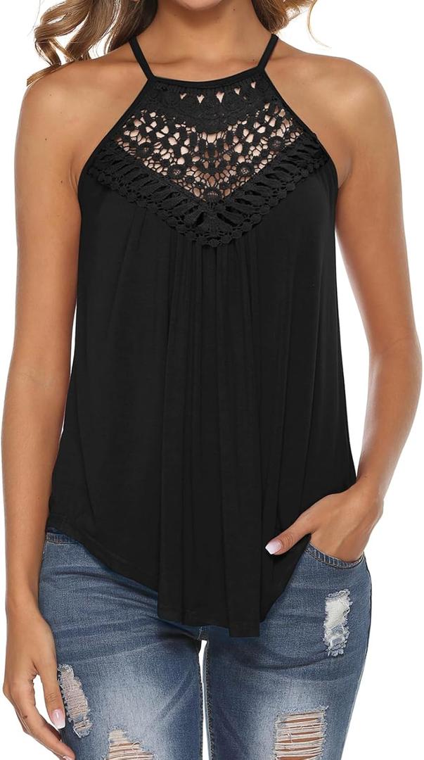 Bluetime Halter Tops for Women Sexy Sleeveless Lace Crochet Dressy Flowy Tank Top Cute Summer Shirts (Medium, Black)