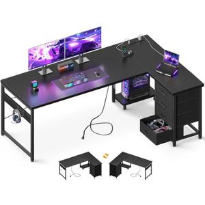 AODK L Shaped Gaming Desk with 4 Drawers, 67" Reversible Home Office Desks with Power Outlets, L Shaped Computer Desk with USB Charging Port and Host Stand, Corner Desk, Easy to Assemble, Black