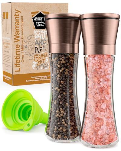 Home EC Original Copper Salt and Pepper Grinder Set of 2 - Adjustable Ceramic Grinder - Tall Glass Salt and Pepper Shakers With Funnel and Ebook - Kitchen Spice Mill - Copper Kitchen Accessories