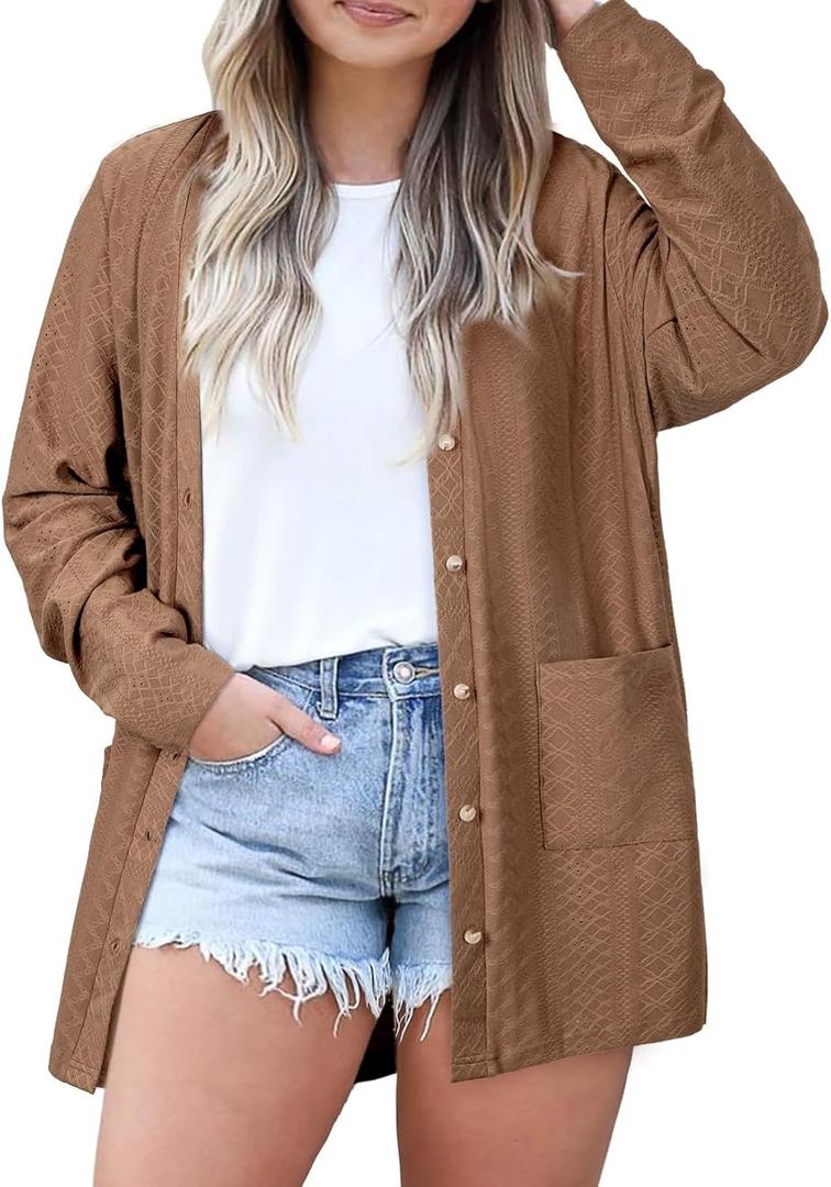 Eytino Plus Size Cardigan for Women Eyelets Casual Lightweight Open Front Long Sleeve Fall Knit Outerwear with Pocket(1X-5X) (3X, Chestnut)