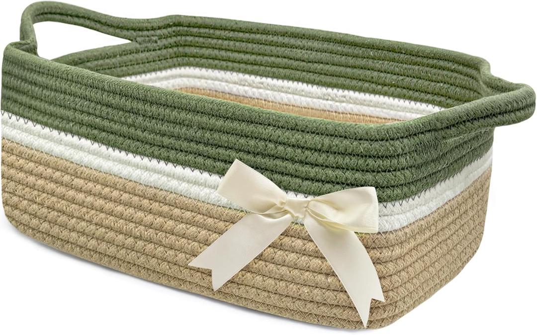 Gift Baskets Empty for Kids, Storage Basket for Gifting Small Woven Rope Basket for Towels Baby Shower Baskets for Toys Easter Basket for Home Dcor Green&Camel, 13 x 10 x 5 inches