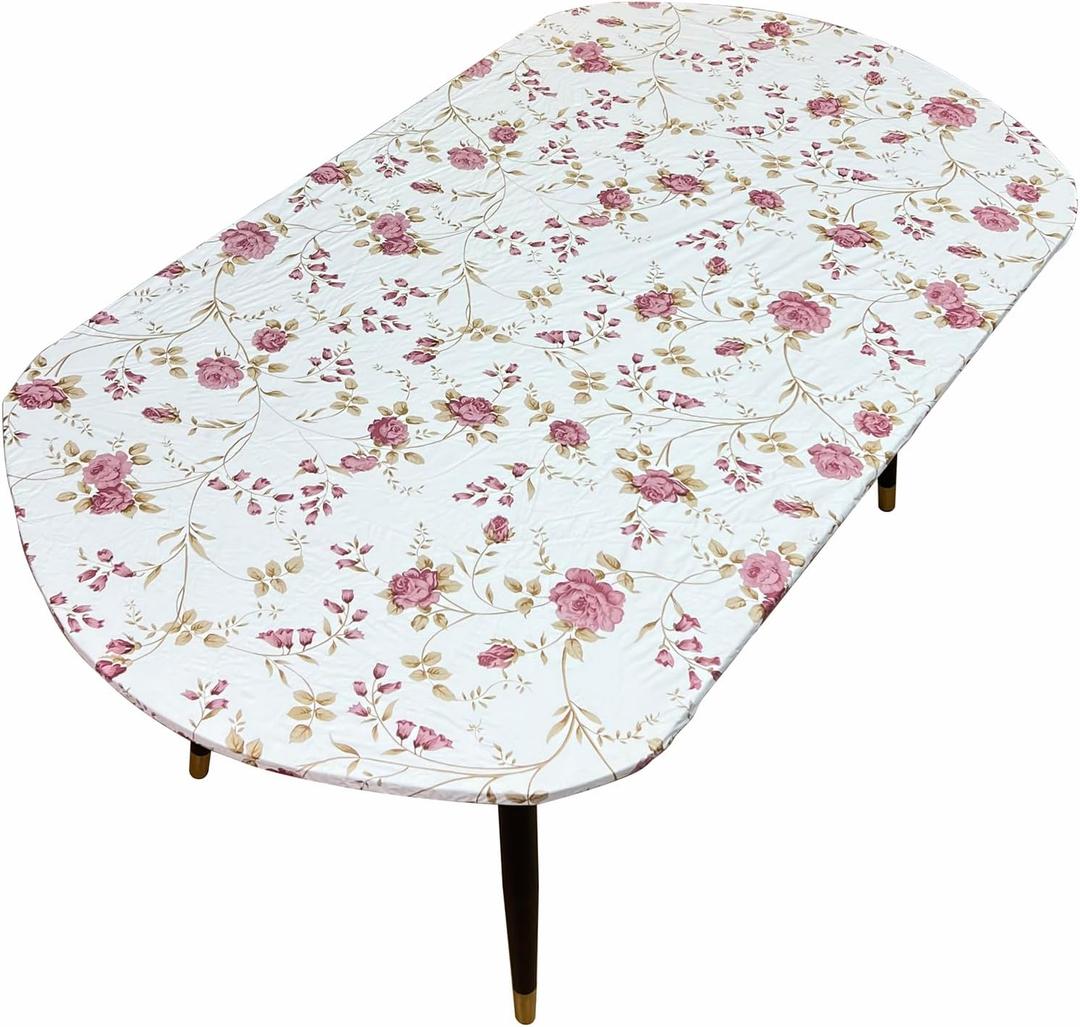 Pioggia Oval Vinyl Fitted Tablecloth with Flannel Backing Elastic Table Cloth Waterproof Oil-Proof Plastic Table Cover Best for Up to 42" x 60" (Red Flower)