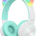 Picun Cat Ear Kids Bluetooth Headphones Dreamy LED Light Up, 40 Hours Over Ear Headphones for Kids with HD Mic, Foldable, Soft Memory Earpad for Travel/School/Laptop/PC/Tablet (Green)