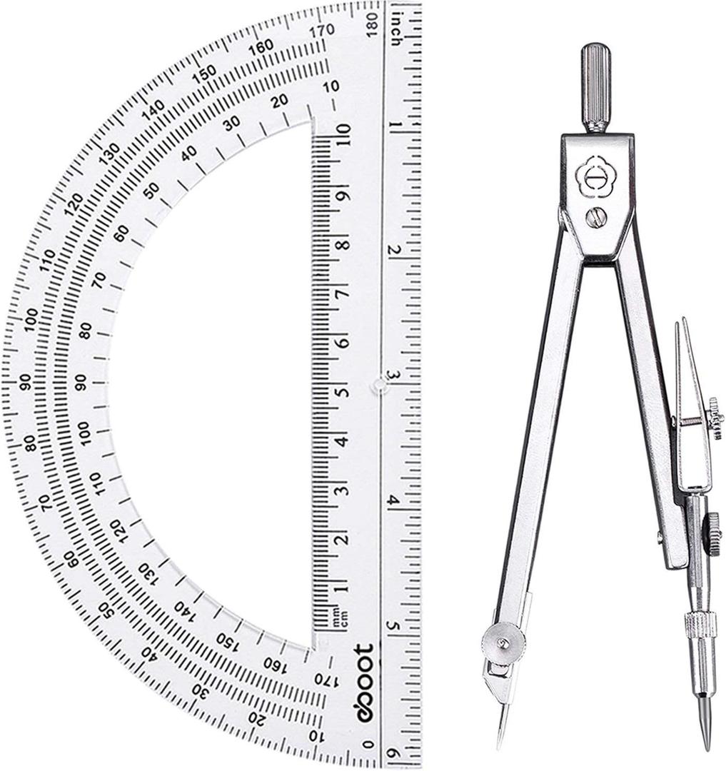 Drawing Compass and 6 Inch Protractor, Student Geometry Math Set (Clear)