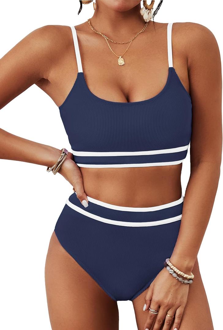 BMJL Women's High Waisted Bikini Ribbed Two Piece Swimsuit High Cut Color Block Adjustable Straps Bathing Suit (Medium, Navy Blue043)