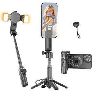 Magnetic Mini Phone Selfie Stick, Small Portable Pocket Tripod for iPhone/Android, Magnetic Chuck  Clip 2 in 1, with Detachable Remote & 2 Fill Light for Photograph/Live/Video Recording