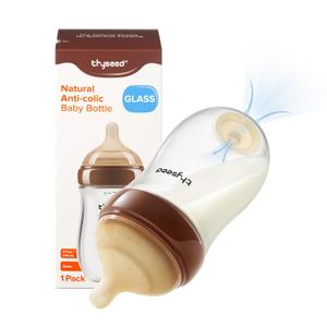 Thyseed Anti-Colic Glass Baby Bottle for Breastfed Infants, Natural Feeding, Breast-Like Newborn Medium Fast Flow Nipple (3m+), 8 oz, 1 Pack