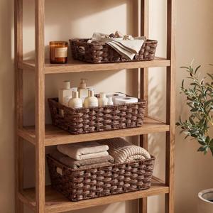 Set of 3 Large Wicker Storage Baskets for Shelves, Wicker Basket for Organizing, Waterproof Woven Baskets for Shelves and Pantry, Toilet, Bathroom, Bedroom, Patio(Brown)