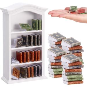 36 Pcs 1:12 Scale Miniatures Dollhouse Books and 1 White Wooden Bookcase,4 Floors Furniture Display Bookshelf Cabinet Mini Assorted Books,Dollhouse Decoration Accessories for Home Bedroom