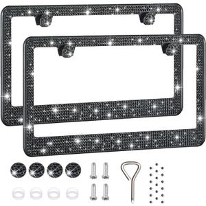 2 Pack License Plate Frames for Women, Sparkly Rhinestone Diamond Car Accessories with Glitter Crystal Caps (Black (2PCS))