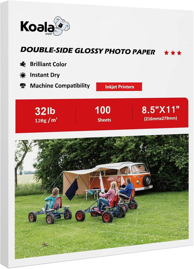 Koala Double Side Thin Glossy Photo Paper 8.5x11 Inches 120gsm 100 Sheets Compatible with Inkjet Printer and Dye Ink 32LB (8.5''X11'')