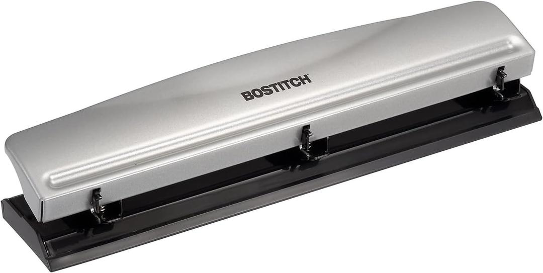 Bostitch Office Premium 3 Hole Punch, 12 Sheet Capacity, Metal, Rubber Base, Easy-Clean Tray, Silver