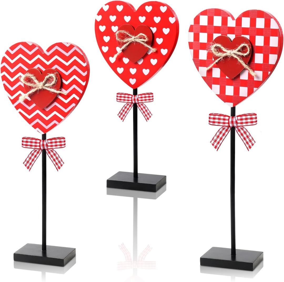 3 Pcs Heart Wooden Sign for Wedding Table, Heart Shape Standing Block, Wedding Table Centerpiece, Love Decor, Double Printed Table Sign for Wedding Anniversary Party Home Decorations