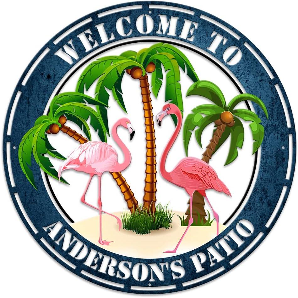 MeMate Flamingo Patio Sign Outdoor Decor, Personalized Metal Sign for Backyard, Custom Name Signs for Garden Porch, Deck, Large Metal Sign for Outside, Housewarming Gifts for Family Friends