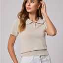 Verdusa Women's Old Money Button Down Collared Shirt Y2k Sweaters Elegant Knit Going Out Tops (Beige, XL)