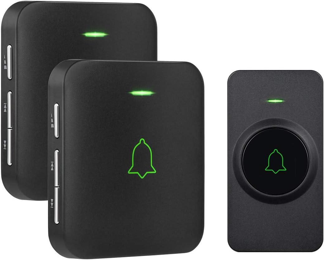 AVANTEK Wireless Door Bell, CB-12 Mini Waterproof Doorbell Chime Operating at 1000 Feet with 52 Melodies, 5 Volume Levels & LED Flash (2 Receivers Black)