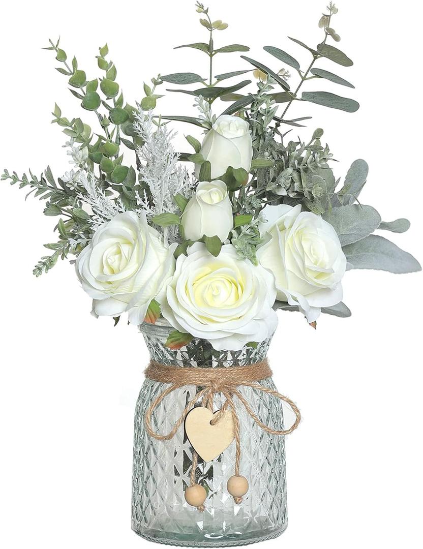 Faux Flowers with Vase,Artificial Silk Roses in Vase, Fake Plant Eucalyptus Flower Arrangement for Home Office Farmhouse Bathroom Dining Table Centerpiece Decorations Coffee Table Decor (White)