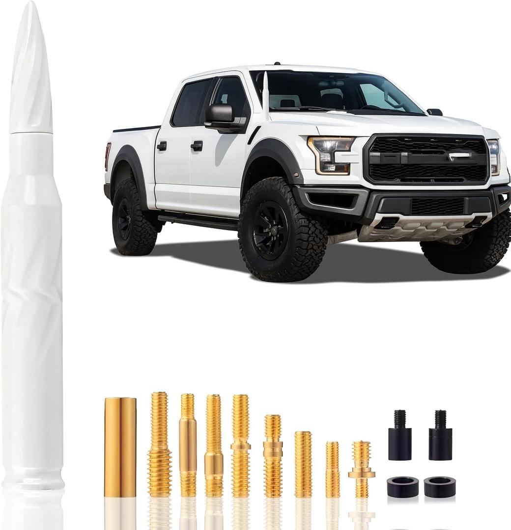 Spiral Aluminum Alloy Bullet Antenna 50 Cal Car Truck Antenna Truck Accessories Silverado 1500 F150 F250 F350 Mustang Explorer 1500 Sierra 1500 Pickup Truck Short Replacement Antenna5.5in White