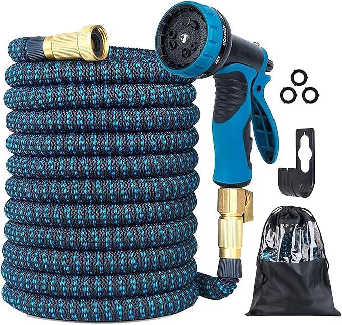 Garden Hose 100ft Expandable Water Hose with 10 Function Nozzle, Flexible Hose with Triple Core Latex and 3/4" Solid Brass Fittings Collapsible Lightweight Retractable Long Hose Pipe (Blue)
