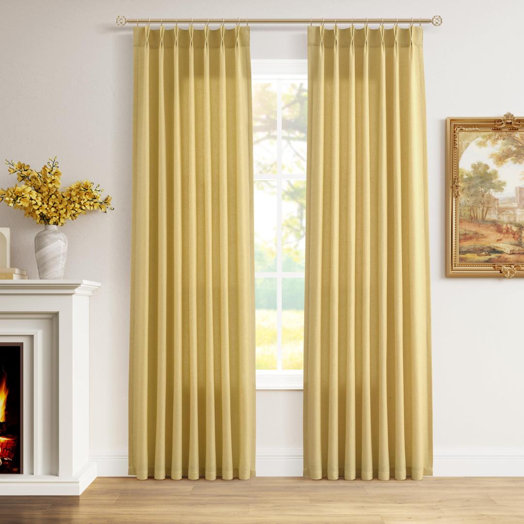 Yellow Linen Pinch Pleat Curtains 90 Inches 2 Panels Back Tab Rod Pocket Semi Sheer Modern Farmhouse Drapes Light Filtering Flax Texture Window Treatments for Bedroom Living Room with Hooks 40x90