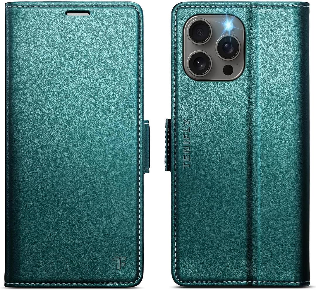 for iPhone 15 Pro Case Wallet with RFID Blocking Card Holder, PU Leather Kickstand Protective Flip Phone Cover Fit for iPhone 15 Pro 6.1", Bluish Green