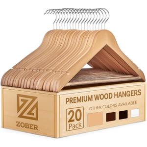 Wooden Hangers - 20 Pack, Heavy Duty, Non Slip Wood Hangers for Coats, Jackets, Suits, & Pants - Clothes Hangers for Closet W/Bar and Notches (Natural)