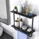 Floating Shelves, 2 Tier Wall Mounted Metal Floating Shelves Black with Frame and Towel Rack for Bathroom, Living Room, Bedroom, Kitchen