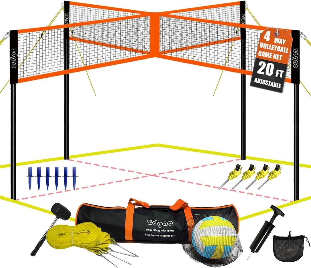 Zdgao 14 ft/20 ft 4-Way Volleyball and Badminton Combo Net with Soft Volleyball, Rubber Hammer and Carry Bag, Adjustable Height Four Square Volleyball Game Set for Backyard and Beach (20FT BLACK & ORANGE)