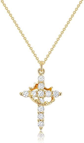 Mothers Day Gifts for Mom Upgraded Crown Cross Necklace for Women 14K Gold Plated Crown Cross Pendant Necklace Simple Diamond Gold Necklaces Faith Cross Jewelry First Communion Necklace