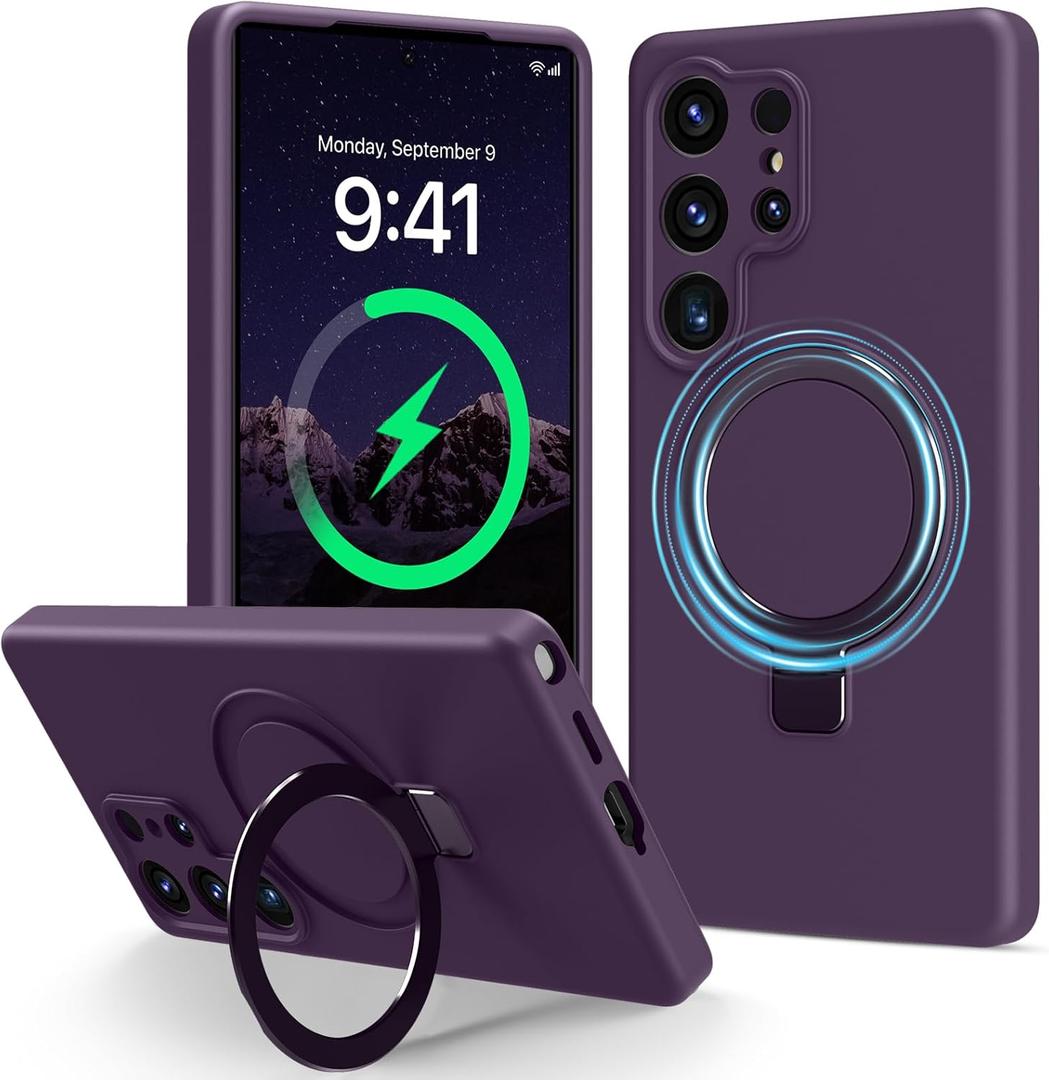 For Galaxy S25 Ultra Case with Stand, Slim Liquid Silicone Phone Cases for Samsung Galaxy S25 Ultra Compatible with MagSafe Magnetic Ring Kickstand Case Full Camera Protection, Dark Purple
