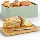 Bread Box for Kitchen Countertop,Metal Bread Storage Bin with Bamboo Cutting Board Lid, Includes Bread Knife, Fits Sourdough & Buns, Stylish Organize (Green)