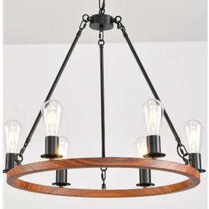 Wagon Wheel Chandelier 25-Inch 6-Light,Small Round Rustic Farmhouse Chandelier Metal Circle Chandeliers for Dining Room Living Room High Ceilings,Wood-Grain Surface