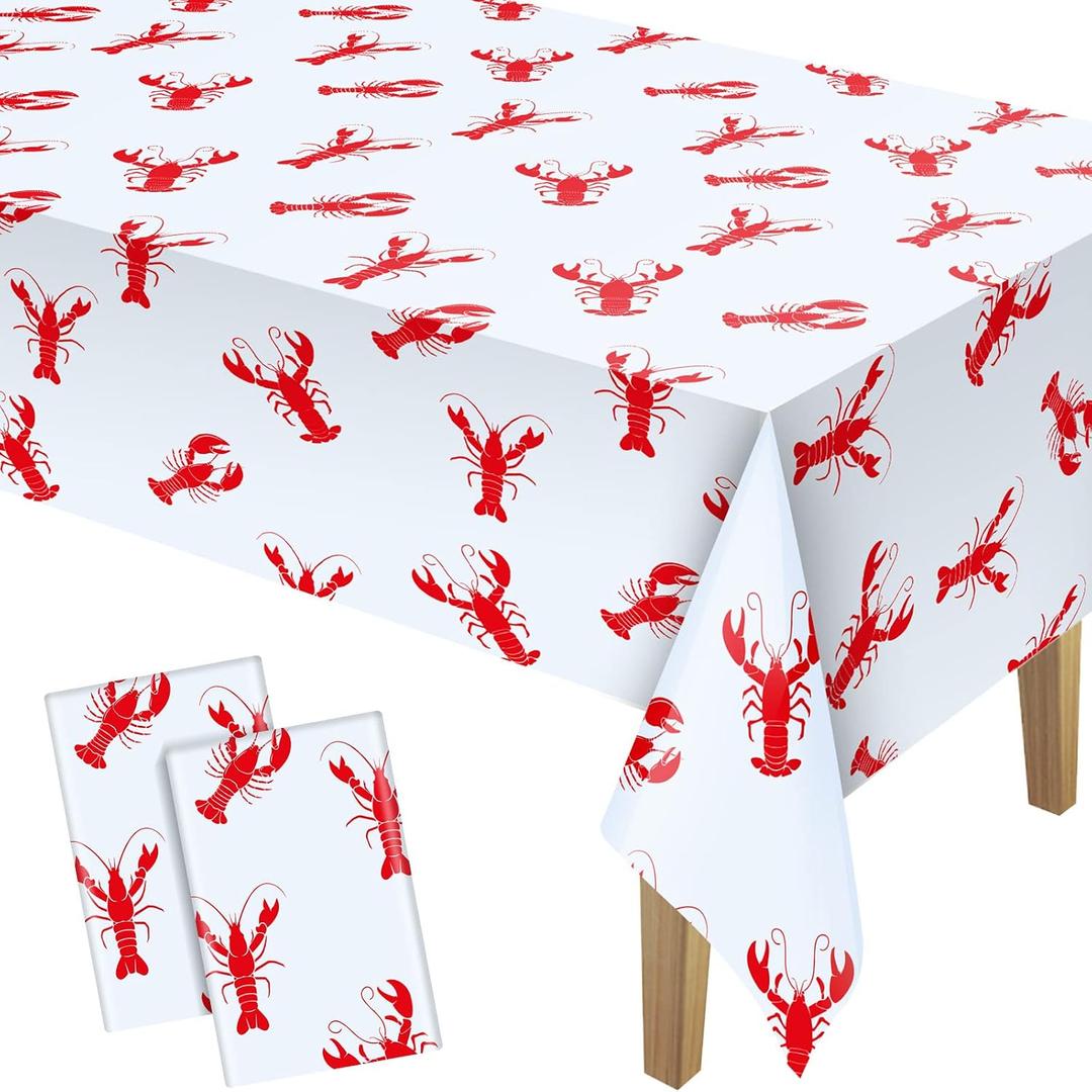 2 x Touman 3 Pieces Crawfish Tablecloth Birthday Party Lobster Table Covers White and Red Crawfish Table Cloth for Party Decoration Supplies, 108 x 54 Inches