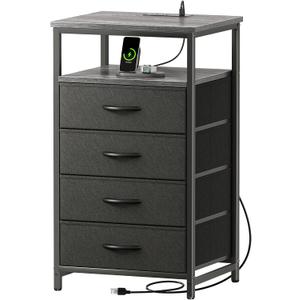 Huuger Night Stand with Charging Station, 4 Drawer Dresser for Bedroom, Bedside Table, 33.9 Inch Tall Nightstand with Open Shelf, End Table, for Closet, Entryway, Bedroooom, Gray